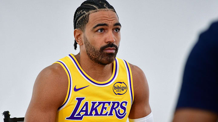 Los Angeles Lakers guard Gabe Vincent (7) during media day at UCLA Health Training Center.