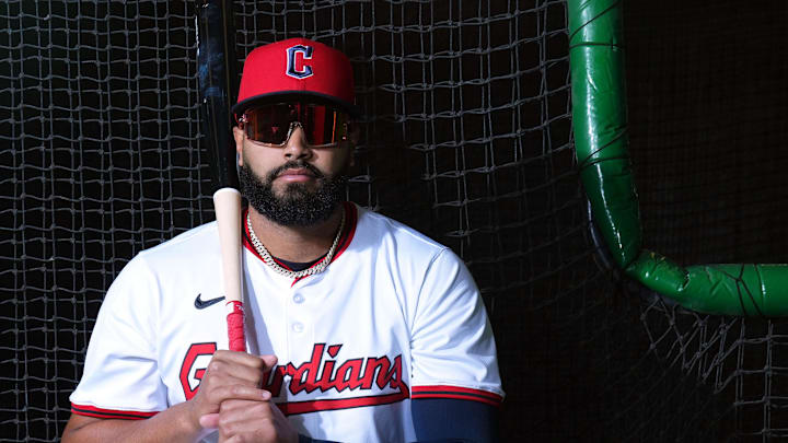 Feb 20, 2025; Goodyear, AZ, USA; Cleveland Guardians outfielder Johnathan Rodriguez (30) poses for a photo during MLB Media Day at Cleveland Guardians Spring Training Facility. Mandatory Credit: Joe Camporeale-Imagn Images
