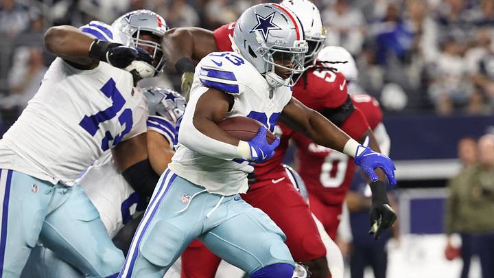 Dallas Cowboys running back Javonte Williams runs against Arizona Cardinals linebacker Mack Wilson Sr. Dallas Cowboys running back Javonte Williams runs against Arizona Cardinals linebacker Mack Wilson Sr.