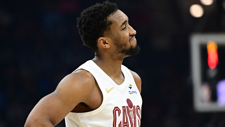 Feb 2, 2025; Cleveland, Ohio, USA; Cleveland Cavaliers guard Donovan Mitchell (45) reacts during the first half against the Dallas Mavericks at Rocket Mortgage FieldHouse. Mandatory Credit: Ken Blaze-Imagn Images