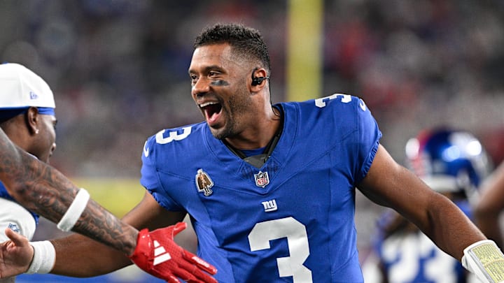 Aug 21, 2025; East Rutherford, New Jersey, USA; New York Giants quarterback Russell Wilson (3) celebrates a touchdown during the first quarter against the New England Patriots at MetLife Stadium. Mandatory Credit: Mark Smith-Imagn Images Aug 21, 2025; East Rutherford, New Jersey, USA; New York Giants quarterback Russell Wilson (3) celebrates a touchdown during the first quarter against the New England Patriots at MetLife Stadium. Mandatory Credit: Mark Smith-Imagn Images