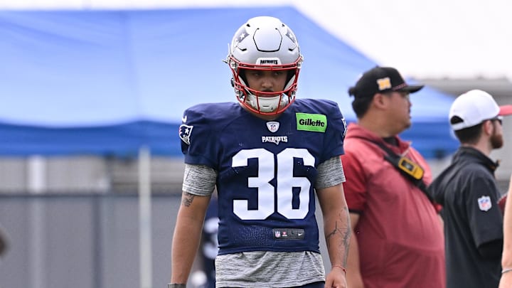 Aug 6, 2025; Foxborough, MA, USA; New England Patriots place kicker Andy Borregales (36) waits to do a drill at training camp at Gillette Stadium. Mandatory Credit: Eric Canha-Imagn Images