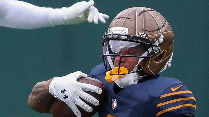 Green Bay Packers wide receiver Matthew Golden (0) is tackled during last week's loss to the Panthers.