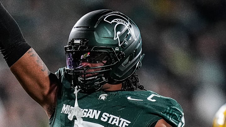 Michigan State linebacker Jordan Hall (5) celebrates a play against Michigan during the first half at Spartan Stadium in East Lansing on Saturday, October 25, 2025.