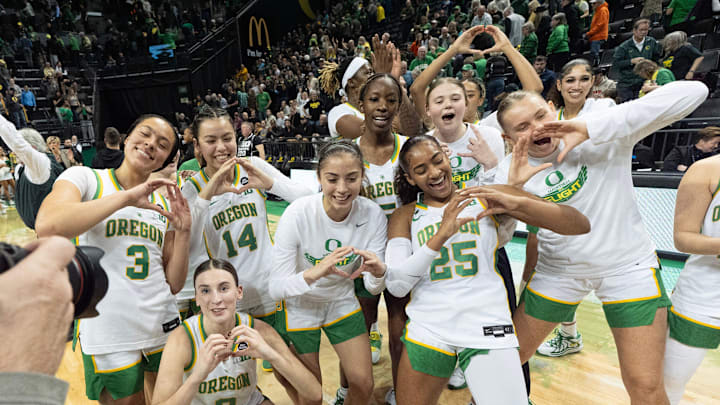 The Oregon women celebrated their win over Iowa at Matthew Knight Arena Sunday, Jan. 19, 2025. The Oregon women celebrated their win over Iowa at Matthew Knight Arena Sunday, Jan. 19, 2025.