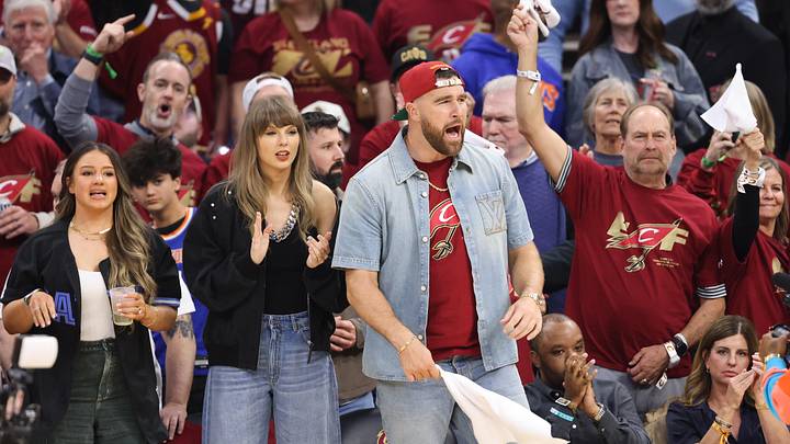 May 23, 2026; Cleveland, Ohio, USA; Taylor Swift and Travis Kelce react during game three of the eastern conference finals for the 2026 NBA playoffs between the New York Knicks and Cleveland Cavaliers at Rocket Arena. Mandatory Credit: Scott Galvin-Imagn Images May 23, 2026; Cleveland, Ohio, USA; Taylor Swift and Travis Kelce react during game three of the eastern conference finals for the 2026 NBA playoffs between the New York Knicks and Cleveland Cavaliers at Rocket Arena. Mandatory Credit: Scott Galvin-Imagn Images