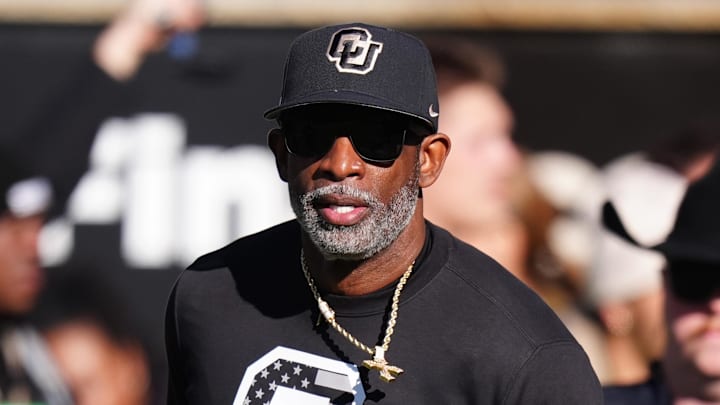 Nov 16, 2024; Boulder, Colorado, USA; Colorado Buffaloes head coach Deion Sanders looks on before the game against the Utah Utes at Folsom Field. Mandatory Credit: Ron Chenoy-Imagn Images