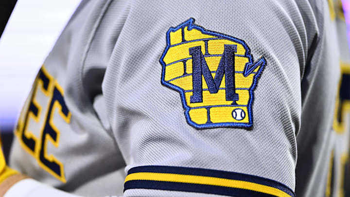 Jul 20, 2023; Philadelphia, Pennsylvania, USA; A view of the Milwaukee Brewers logo as seen on outfielder Jesse Winker (33) against the Philadelphia Phillies in the sixth inning at Citizens Bank Park. Mandatory Credit: Kyle Ross-Imagn Images Jul 20, 2023; Philadelphia, Pennsylvania, USA; A view of the Milwaukee Brewers logo as seen on outfielder Jesse Winker (33) against the Philadelphia Phillies in the sixth inning at Citizens Bank Park. Mandatory Credit: Kyle Ross-Imagn Images