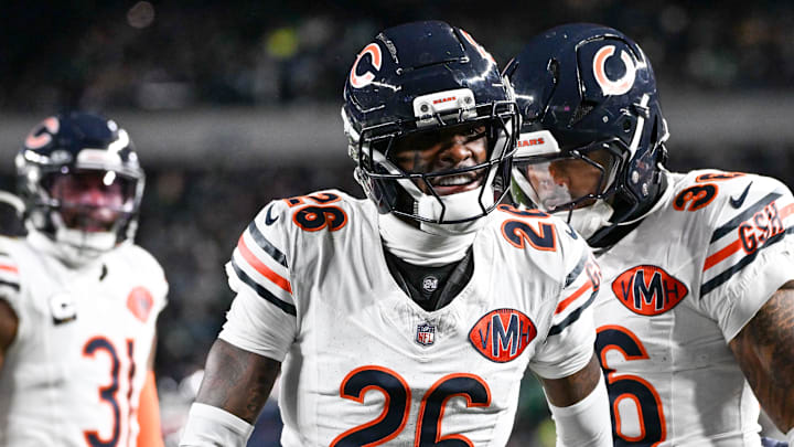 Nov 28, 2025; Philadelphia, Pennsylvania, USA; Chicago Bears cornerback Nahshon Wright (26) celebrates after recovering a fumble against the Philadelphia Eagles during the third quarter of the game at Lincoln Financial Field. Nov 28, 2025; Philadelphia, Pennsylvania, USA; Chicago Bears cornerback Nahshon Wright (26) celebrates after recovering a fumble against the Philadelphia Eagles during the third quarter of the game at Lincoln Financial Field.
