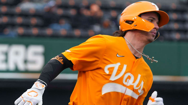 Tennessee's Reese Chapman (13) runs down the first base line during a NCAA baseball game between Tennessee and Hofstra at Lindsey Nelson Stadium on Saturday, February 15, 2025. Tennessee's Reese Chapman (13) runs down the first base line during a NCAA baseball game between Tennessee and Hofstra at Lindsey Nelson Stadium on Saturday, February 15, 2025.