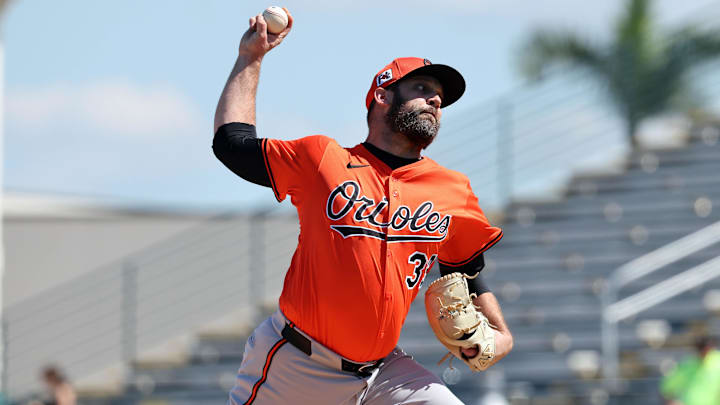 Feb 26, 2025; Bradenton, Florida, USA;  Baltimore Orioles pitcher Andrew Kittredge (39) throws a pitch during the third inning] against the Pittsburgh Pirates at LECOM Park