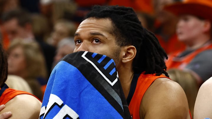 Mar 30, 2024; Boston, MA, USA; Illinois Fighting Illini forward Ty Rodgers (20) reacts against the Connecticut Huskies in the finals of the East Regional of the 2024 NCAA Tournament at TD Garden. Mandatory Credit: Winslow Townson-Imagn Images