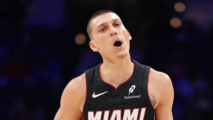 Mar 29, 2025; Philadelphia, Pennsylvania, USA; Miami Heat guard Tyler Herro (14) reacts after scoring against the Philadelphia 76ers in the fourth quarter at Wells Fargo Center. Mandatory Credit: Kyle Ross-Imagn Images Mar 29, 2025; Philadelphia, Pennsylvania, USA; Miami Heat guard Tyler Herro (14) reacts after scoring against the Philadelphia 76ers in the fourth quarter at Wells Fargo Center. Mandatory Credit: Kyle Ross-Imagn Images