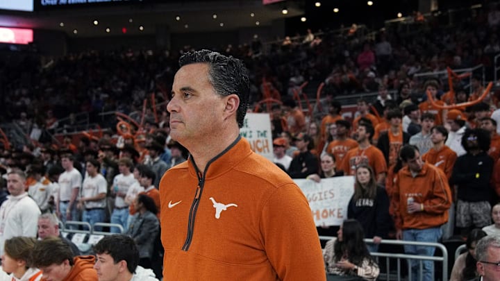Texas Longhorns head coach Sean Miller waits to meet Texas A&M Aggies head coach Bucky McMillan before the game at Moody Center. 