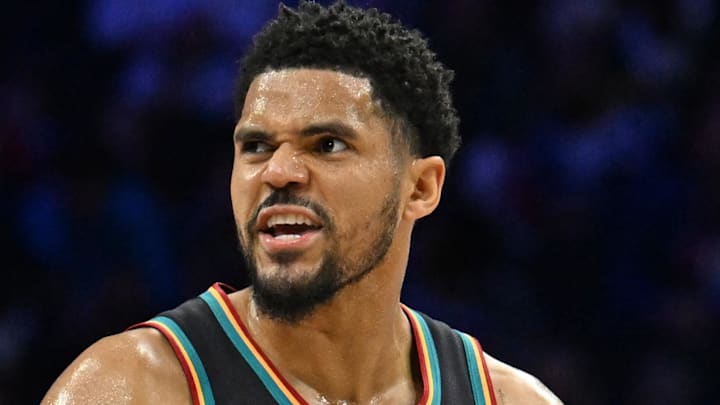 Detroit Pistons forward Tobias Harris (12) reacts after a basket against the Philadelphia 76ers during the second half at Xfinity Mobile Arena on Apr 4, 2026. Detroit Pistons forward Tobias Harris (12) reacts after a basket against the Philadelphia 76ers during the second half at Xfinity Mobile Arena on Apr 4, 2026.