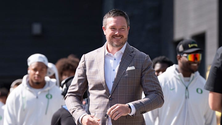 Oregon head coach Dan Lanning leads his team during the entry walk as the Oregon Ducks host the Montana State Bobcats on Aug. 30, 2025, at Autzen Stadium in Eugene, Oregon.
