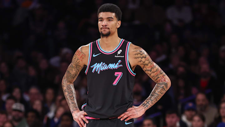 Dec 21, 2025; New York, New York, USA;  Miami Heat center Kel'El Ware (7) at Madison Square Garden. Mandatory Credit: Wendell Cruz-Imagn Images