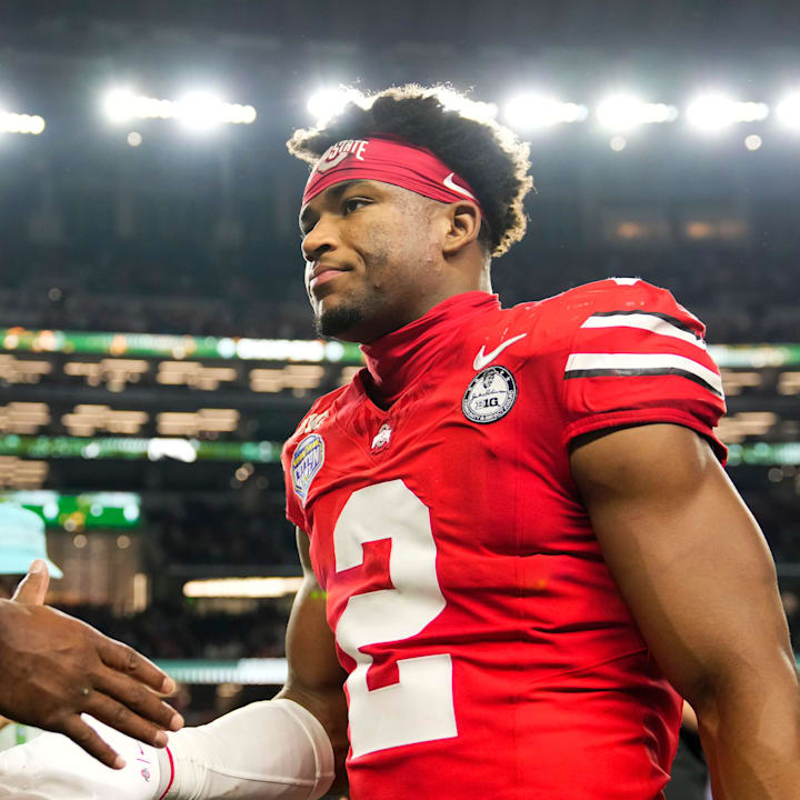 Ohio State Buckeyes defensive back Caleb Downs leaves the field following the Cotton Bowl.