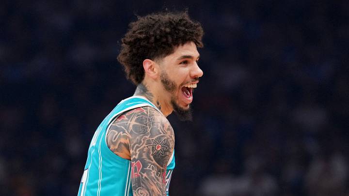 Mar 8, 2026; Phoenix, Arizona, USA; Charlotte Hornets guard LaMelo Ball (1) reacts after making a basket against the Phoenix Suns during the first half at Mortgage Matchup Center. Mandatory Credit: Joe Camporeale-Imagn Images