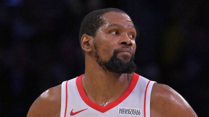 Apr 21, 2026; Los Angeles, California, USA; Houston Rockets forward Kevin Durant (7) looks on from the court during the final minutes of game two of the first round of the 2026 NBA Playoffs at against the Los Angeles Lakers at Crypto.com Arena. Mandatory Credit: Jayne Kamin-Oncea-Imagn Images