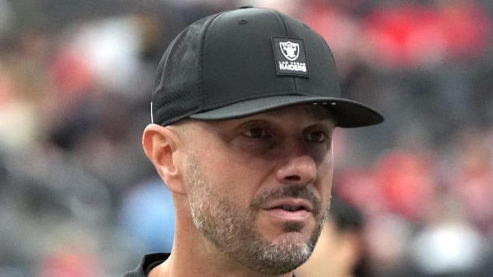 Jan 4, 2026; Paradise, Nevada, USA; Las Vegas Raiders general manager John Spytek reacts during the game against the Kansas City Chiefs at Allegiant Stadium. Mandatory Credit: Kirby Lee-Imagn Images