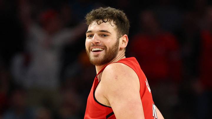 Feb 22, 2026; Phoenix, Arizona, USA; Portland Trail Blazers center Donovan Clingan (23) reacts against the Phoenix Suns in the second half at Mortgage Matchup Center. Mandatory Credit: Mark J. Rebilas-Imagn Images