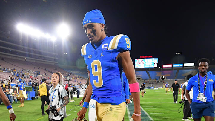 Aug 30, 2025; Pasadena, California, USA; UCLA Bruins quarterback Nico Iamaleava (9) following the loss against the Utah Utes during the second half at Rose Bowl. Mandatory Credit: Gary A. Vasquez-Imagn Images Aug 30, 2025; Pasadena, California, USA; UCLA Bruins quarterback Nico Iamaleava (9) following the loss against the Utah Utes during the second half at Rose Bowl. Mandatory Credit: Gary A. Vasquez-Imagn Images