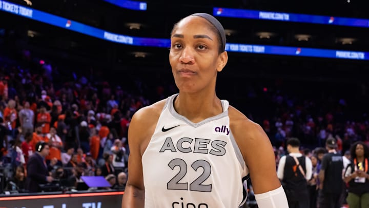 Oct 8, 2025; Phoenix, Arizona, USA; Las Vegas Aces center A'ja Wilson (22) against the Phoenix Mercury during game three of the 2025 WNBA Finals at PHX Arena. Mandatory Credit: Mark J. Rebilas-Imagn Images