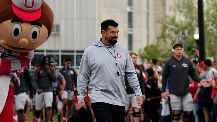 Ohio State Buckeyes head coach Ryan Day waves to fans as the team arrives for the Ohio State football spring game at Ohio Stadium in Columbus on April 18, 2026. Ohio State Buckeyes head coach Ryan Day waves to fans as the team arrives for the Ohio State football spring game at Ohio Stadium in Columbus on April 18, 2026.
