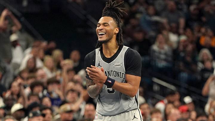 Nov 7, 2025; San Antonio, Texas, USA; San Antonio Spurs guard Stephon Castle (5) reacts during the second half against the Houston Rockets at Frost Bank Center. Mandatory Credit: Dustin Safranek-Imagn Images