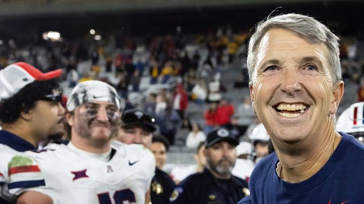 Nov 28, 2025; Tempe, Arizona, USA; Arizona Wildcats head coach Brent Brennan celebrates against the Arizona State Sun Devils during the 99th Territorial Cup at Mountain America Stadium. Mandatory Credit: Mark J. Rebilas-Imagn Images
