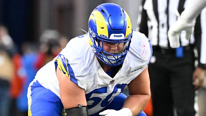 Nov 17, 2024; Foxborough, Massachusetts, USA; Los Angeles Rams center Beaux Limmer (50) waits to snap the ball during the second half against the New England Patriots at Gillette Stadium. Mandatory Credit: Eric Canha-Imagn Images Nov 17, 2024; Foxborough, Massachusetts, USA; Los Angeles Rams center Beaux Limmer (50) waits to snap the ball during the second half against the New England Patriots at Gillette Stadium. Mandatory Credit: Eric Canha-Imagn Images
