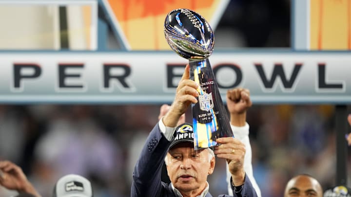 Los Angeles Rams owner Stan Kroenke raises the Lombardi Trophy at the conclusion of Super Bowl 56 between the Los Angeles Rams and the Cincinnati Bengals, Sunday, Feb. 13, 2022, at SoFi Stadium in Inglewood, Calif. The Cincinnati Bengals lost, 23-20.

Nfl Super Bowl 56 Los Angeles Rams Vs Cincinnati Bengals Feb 13 2022 3169