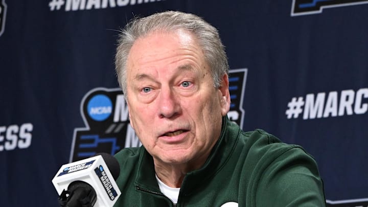 Mar 21, 2026; Buffalo, NY, USA;Michigan State Spartans head coach Tom Izzo speaks with media after the game against the Louisville Cardinals during a second round game of the men's 2026 NCAA Tournament at Keybank Center.