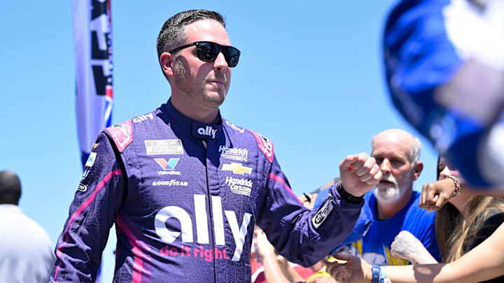 May 4, 2025; Fort Worth, Texas, USA; NASCAR Cup Series driver Alex Bowman (48) is introduced before the start of the Wurth 400 race at Texas Motor Speedway. Mandatory Credit: Jerome Miron-Imagn Images