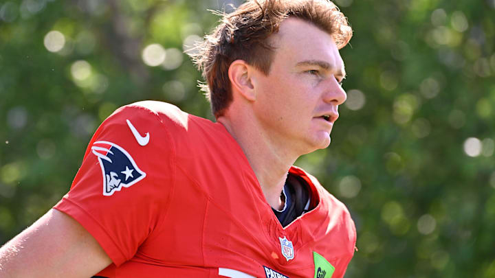 New England Patriots quarterback Ben Wooldridge (17) heads to the practice fields for training camp at Gillette Stadium.