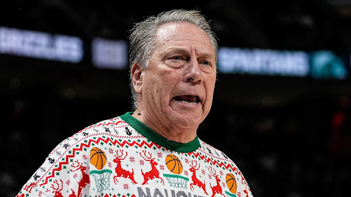 Michigan State head coach Tom Izzo reacts to a play against Oakland during the first half at Little Caesars Arena in Detroit on Saturday, Dec. 20, 2025.
