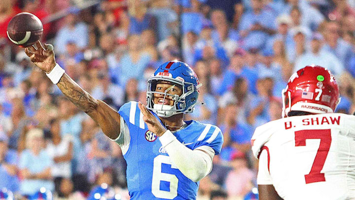 Ole Miss quarterback Trinidad Chambliss (6) passes the ball during the fourth quarter against Arkansas at Vaught-Hemingway Stadium. Mandatory Credit: Petre Thomas-Imagn Images Ole Miss quarterback Trinidad Chambliss (6) passes the ball during the fourth quarter against Arkansas at Vaught-Hemingway Stadium. Mandatory Credit: Petre Thomas-Imagn Images