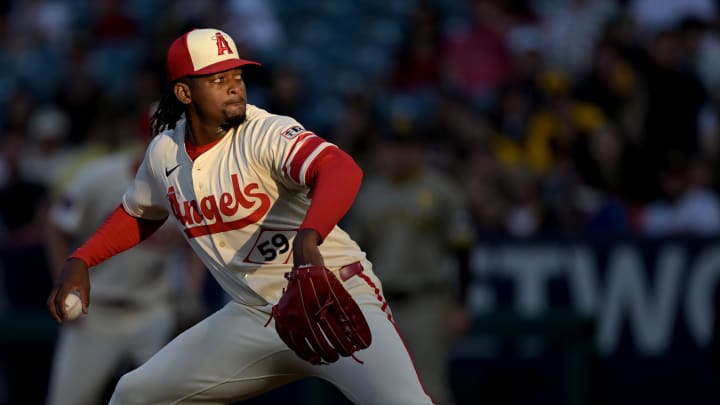 Jun 5, 2024; Anaheim, California, USA;  Los Angeles Angels starting pitcher Jose Soriano (59) delivers to the plate in the third inning against the San Diego Padres at Angel Stadium. Mandatory Credit: Jayne Kamin-Oncea-USA TODAY Sports