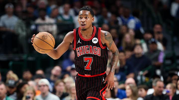 Apr 12, 2026; Dallas, Texas, USA;  Chicago Bulls guard Rob Dillingham (7) dribbles against the Dallas Mavericks during the first half at American Airlines Center. Mandatory Credit: Kevin Jairaj-Imagn Images