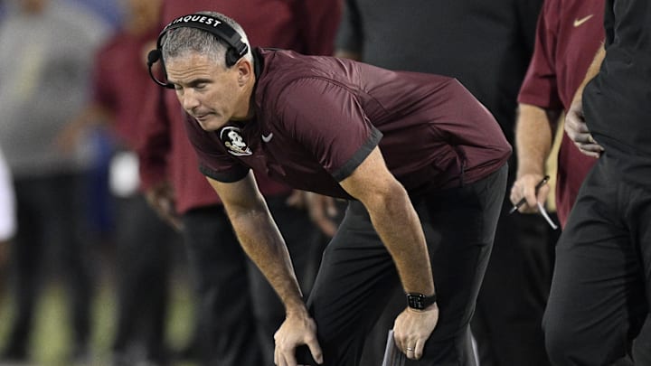 Sep 28, 2024; Dallas, Texas, USA; Florida State Seminoles head coach Mike Norvell during the game between the Southern Methodist Mustangs and the Florida State Seminoles at Gerald J. Ford Stadium. Mandatory Credit: Jerome Miron-Imagn Images