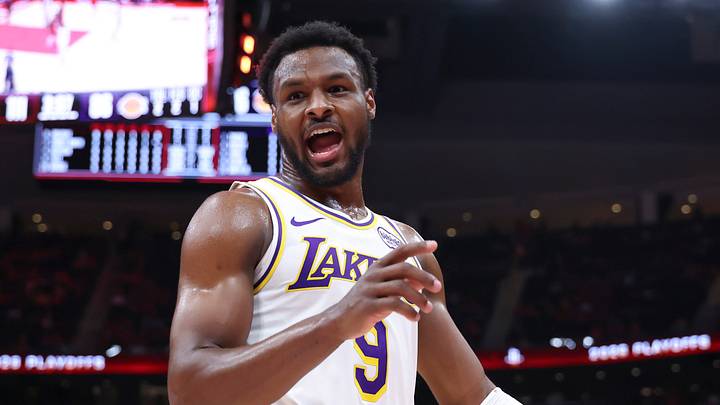 Los Angeles Lakers guard Bronny James (9) reacts after a play during the fourth quarter against the Houston Rockets during game four of the first round of the 2026 NBA Playoffs at Toyota Center. 