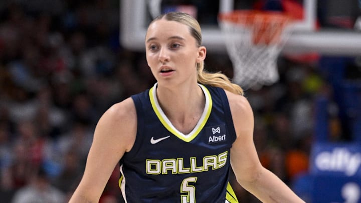 Aug 1, 2025; Dallas, Texas, USA; Dallas Wings guard Paige Bueckers (5) in action during the game between the Dallas Wings and the Indiana Fever at the American Airlines Center. Mandatory Credit: Jerome Miron-Imagn Images