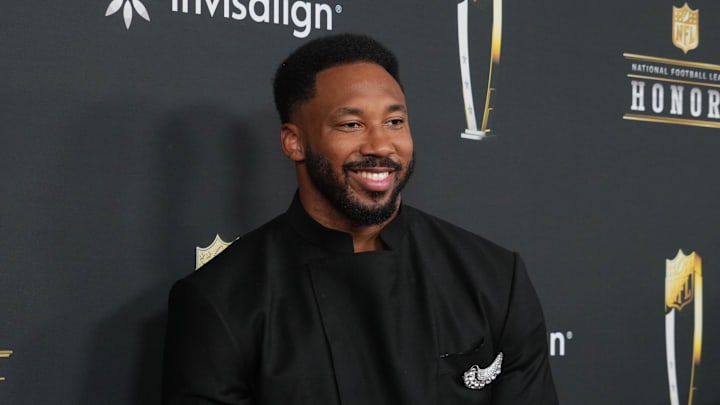 Myles Garrett on the red carpet before Super Bowl LIX NFL Honors at Saenger Theatre