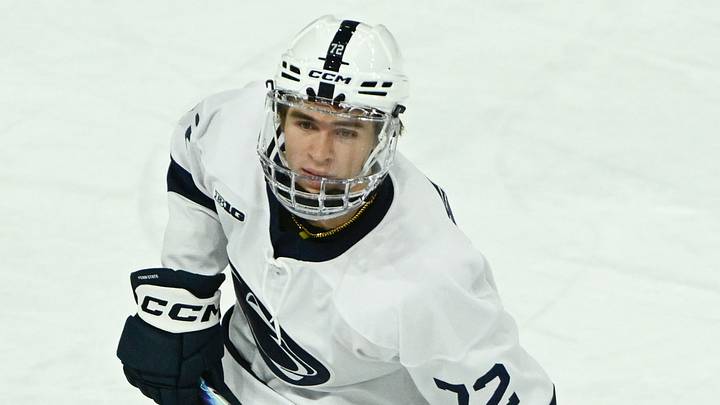 Oct 10, 2025; University Park, PA, USA; Penn State Nittany Lions forward Gavin McKenna (72) skates against the Clarkson Golden Knights in the first period of a game at Pegula Ice Arena. Mandatory Credit: Barry Reeger-Imagn Images