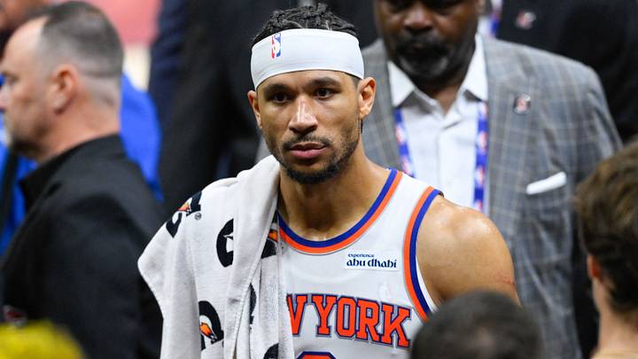 May 23, 2026; Cleveland, Ohio, USA; New York Knicks forward Josh Hart (3) looks on after defeating the Cleveland Cavaliers in game three of the eastern conference finals for the 2026 NBA playoffs at Rocket Arena. Mandatory Credit: David Richard-Imagn Images