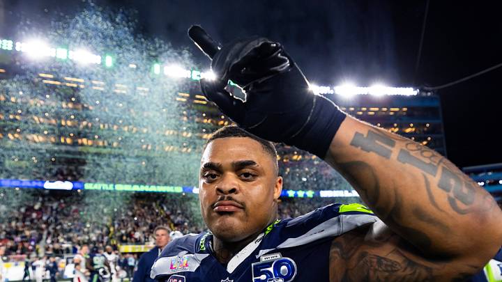 Seattle Seahawks defensive tackle Byron Murphy II celebrates after defeating the New England Patriots in Super Bowl LX 