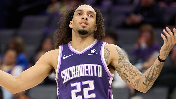 Apr 10, 2026; Sacramento, California, USA; Sacramento Kings guard Devin Carter (22) reacts to a call by a referee during the third quarter against the Golden State Warriors  at Golden 1 Center. Mandatory Credit: Robert Edwards-Imagn Images