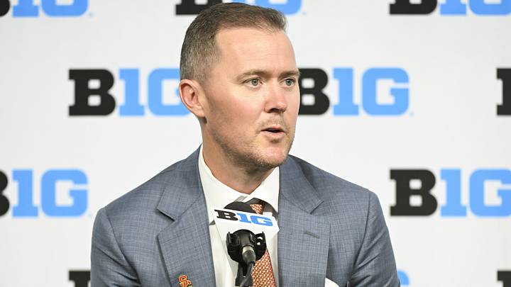 Jul 24, 2024; Indianapolis, IN, USA; USC Trojans head coach Lincoln Riley speaks to the media during the Big 10 football media day at Lucas Oil Stadium. Mandatory Credit: Robert Goddin-USA TODAY Sports Jul 24, 2024; Indianapolis, IN, USA; USC Trojans head coach Lincoln Riley speaks to the media during the Big 10 football media day at Lucas Oil Stadium. Mandatory Credit: Robert Goddin-USA TODAY Sports