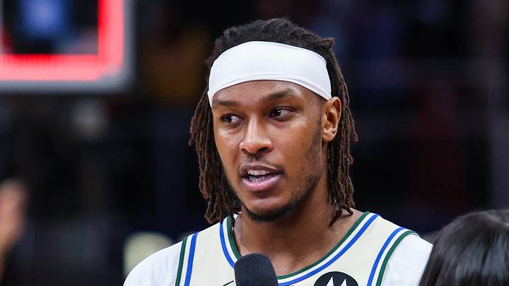 Jan 19, 2026; Atlanta, Georgia, USA; Milwaukee Bucks center Myles Turner (3) talks to the media after a victory against the Atlanta Hawks at State Farm Arena. Mandatory Credit: Jordan Godfree-Imagn Images